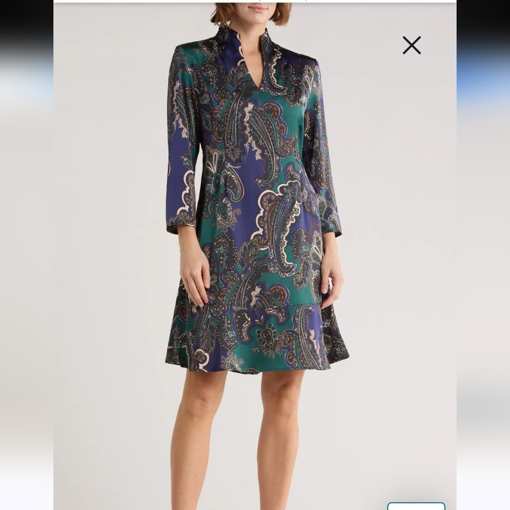 Ming Wang Paisley Print Crepe de Chine Dress XL